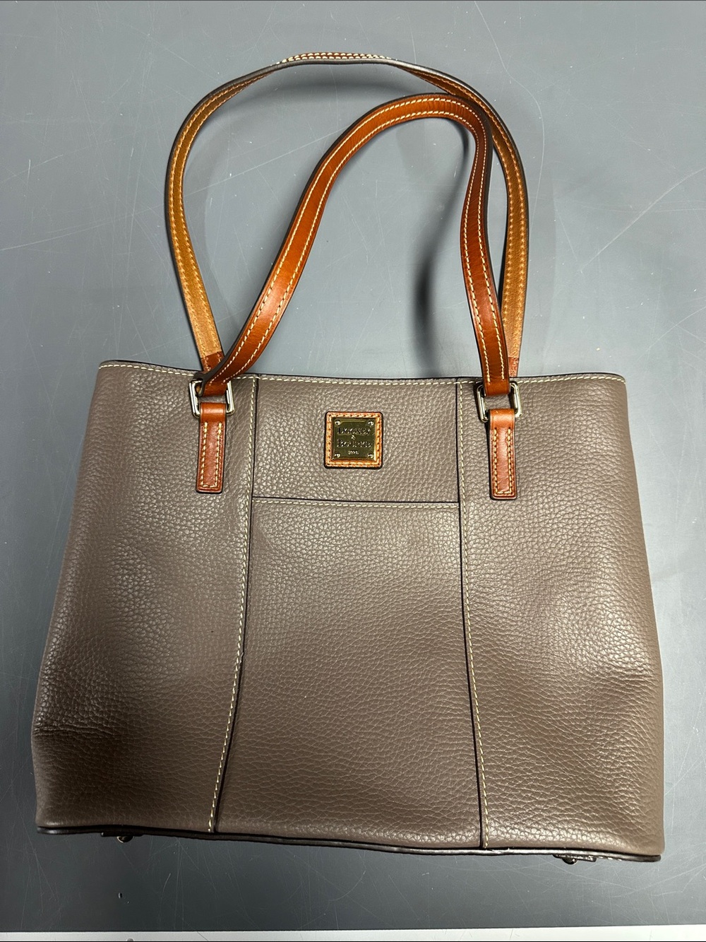 Dooney & Bourke Taupe Pebbled Leather Tote with Cognac Straps